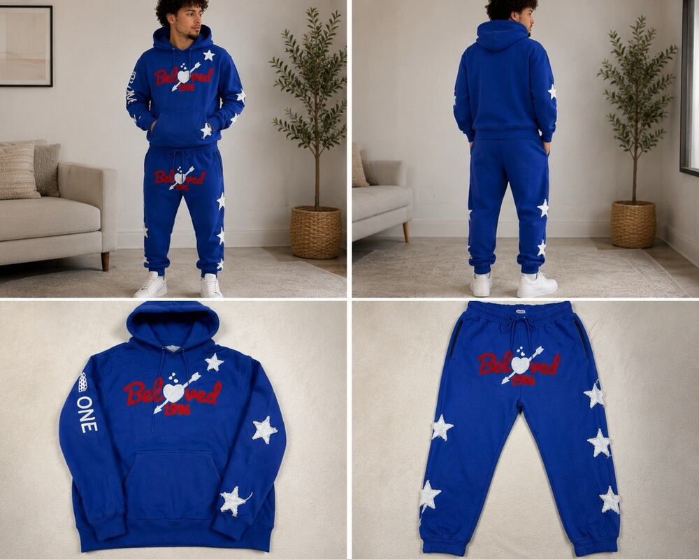 Beloved 1996 Distressed Hoodie Sweatpants Set Men’s XL Blue Embroidered